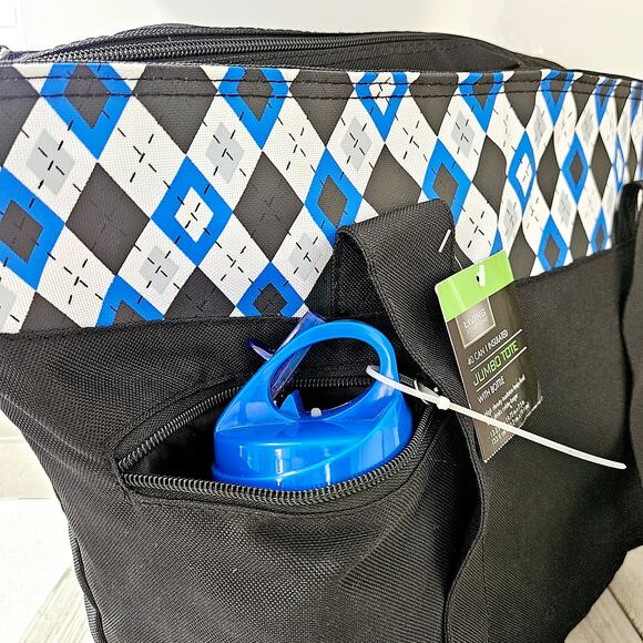 Jumbo Tote Insulated Black and Blue Zippered Shoulder Carryall Bag with Diamond - Picture 13 of 16